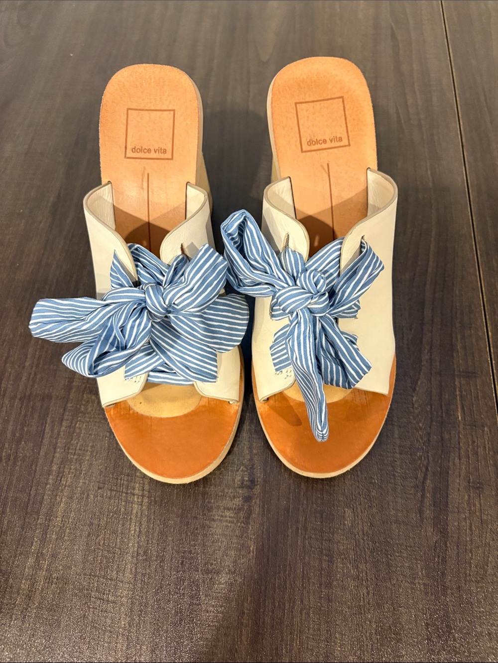 Dolce Vita Cream Leather Mules with Blue Striped Bow